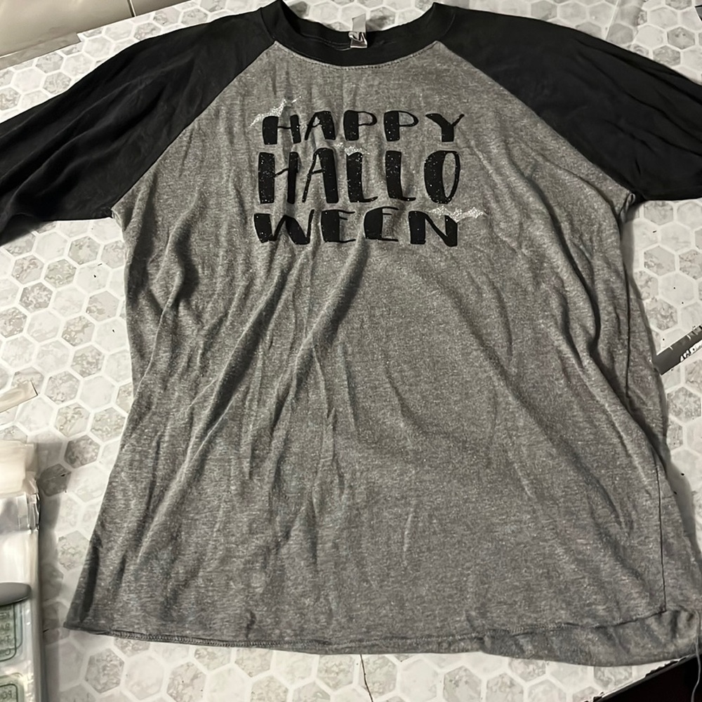Next Level Small Black Gray 3/4 Sleeve Baseball T Happy Halloween Glitter